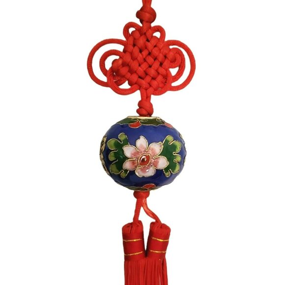 Chinese Ornament Cloisonne Enamel Ball Good Fortune Red Knots Tassel Flower Gold - Picture 5 of 9